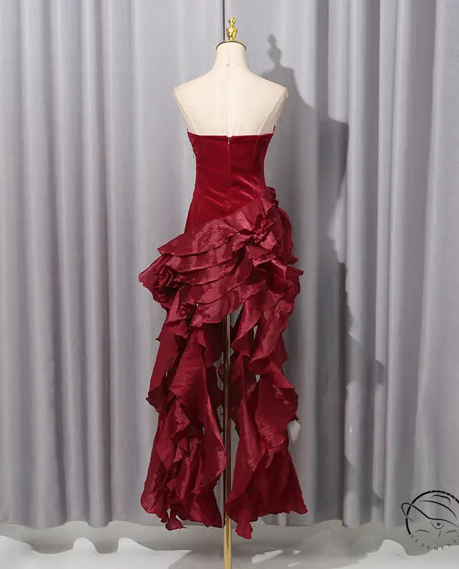 Enchanting burgundy velvet langry fashion gown with ruffled layers