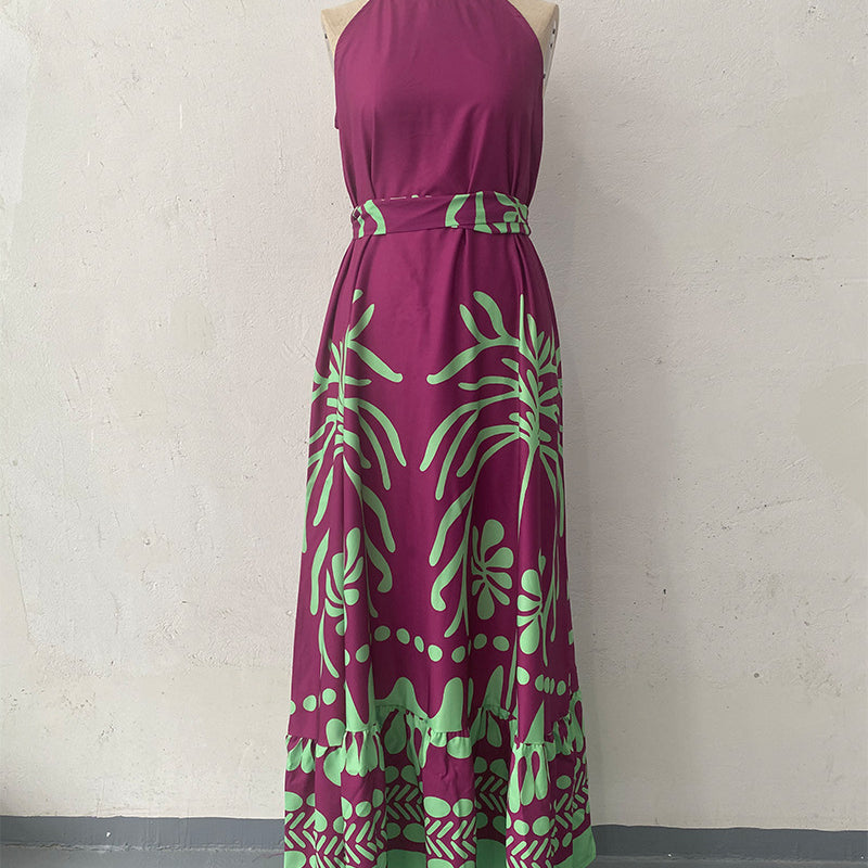 Spring Printed Sleeveless Loose Halter Dress Backless Women