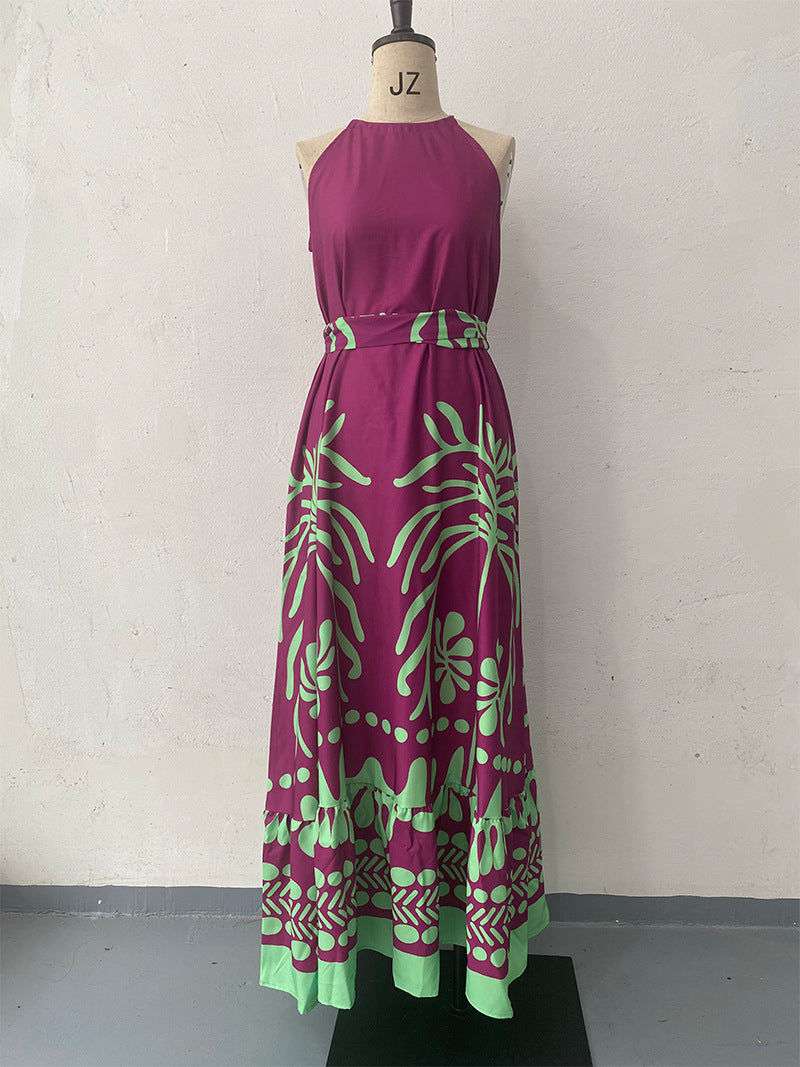 Spring Printed Sleeveless Loose Halter Dress Backless Women