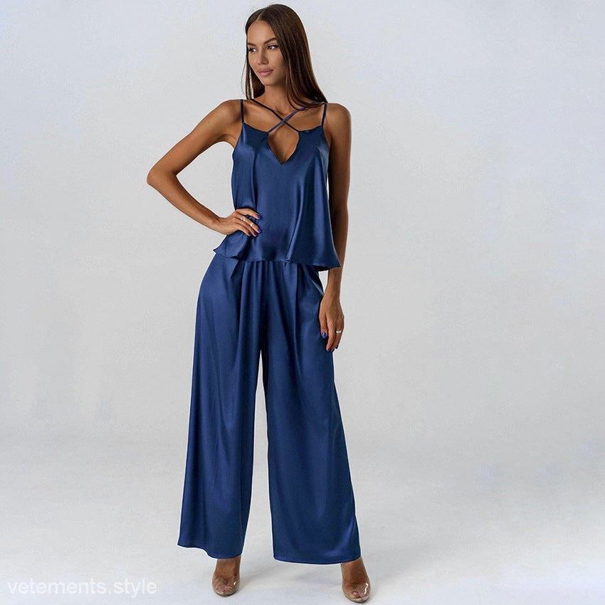 Blue satin jumpsuit from Silk Cool Pajamas, embodying sexy cool comfortable pajamas