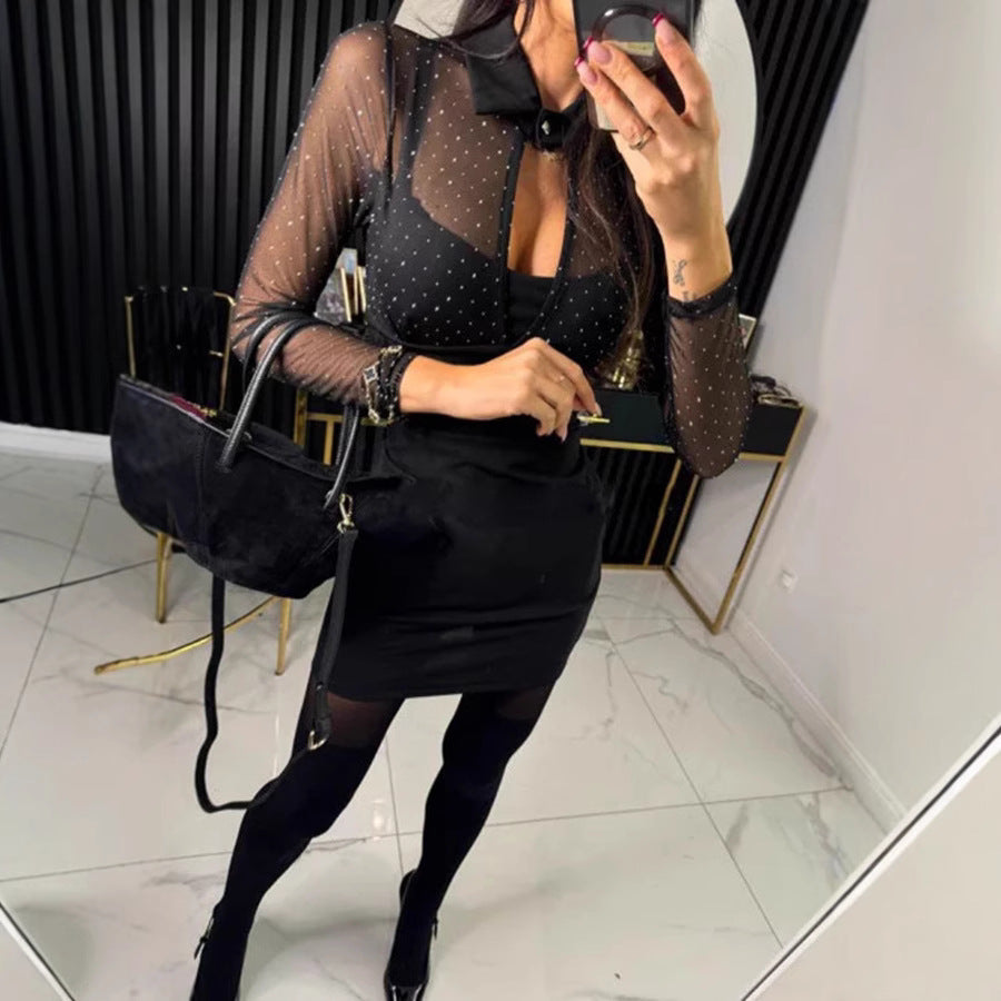 Black bodycon dress with sheer polka dot mesh sleeves, perfect for casual party fashion ملابس