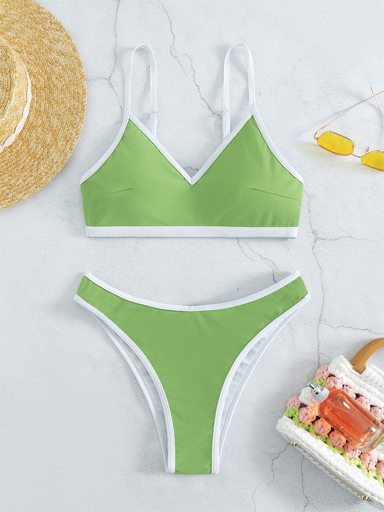 Green and white bikini set with solid color stitching, small fresh high waist design