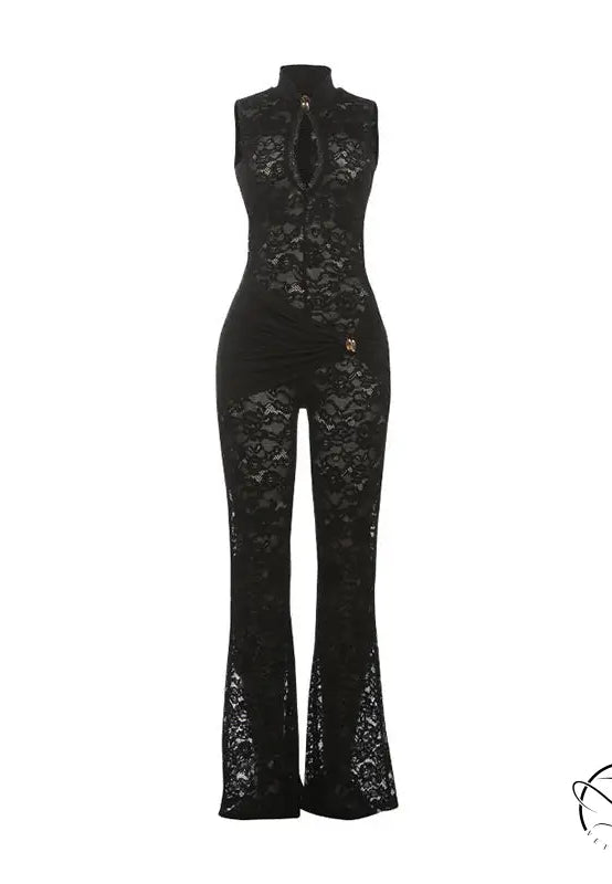 Black lace langry fashion jumpsuit with high neckline and flared legs
