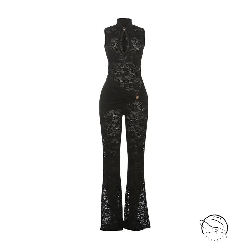 Black lace langry fashion jumpsuit with high neckline and flared legs
