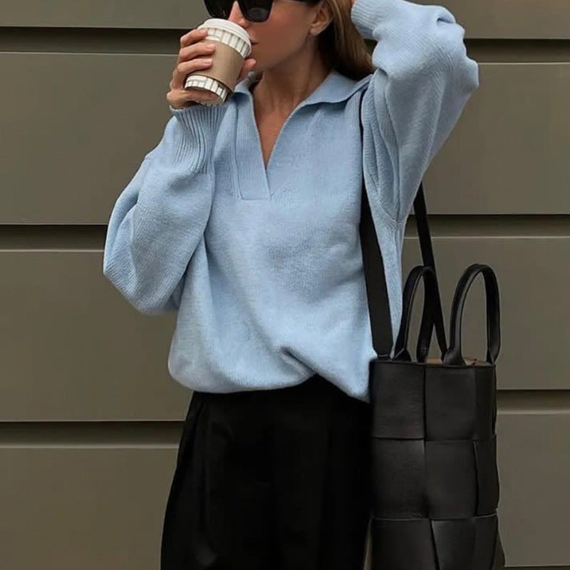 Light blue langry fashion knitted sweater with V-neck collar, perfect for stylish ملابس