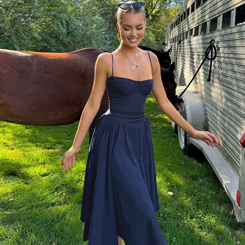 Navy blue midi dress from Beautiful Backless Sling Dress, perfect for women’s fashion ملابس