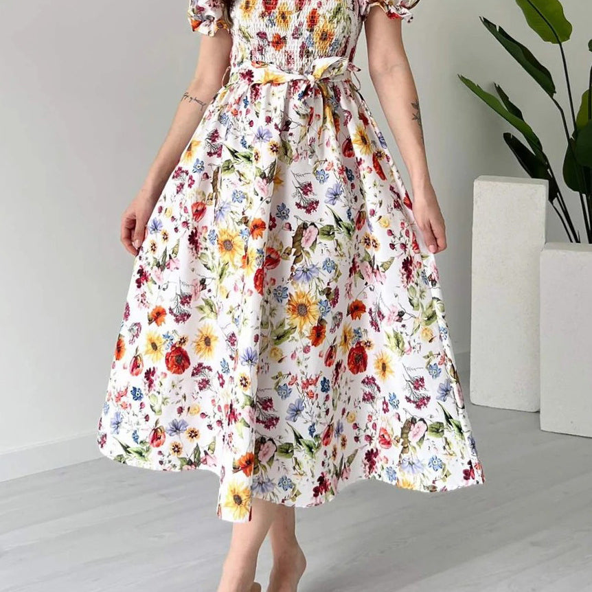 Casual puff sleeve floral A-line dress with square neckline