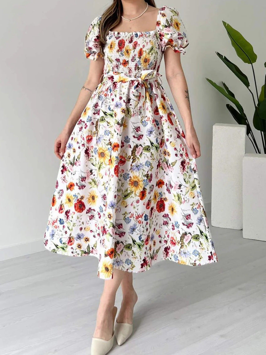 Casual puff sleeve floral A-line dress with square neckline