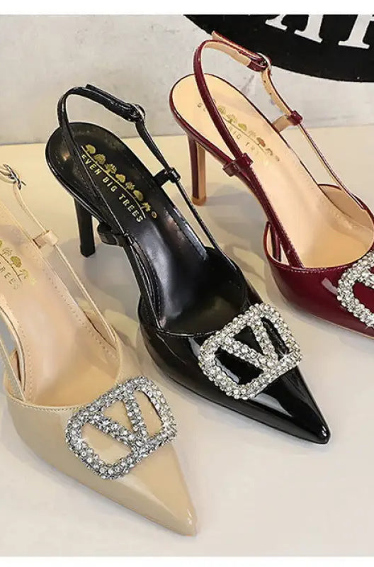 Classy langry beige high-heeled sandals with silver buckle and rhinestones