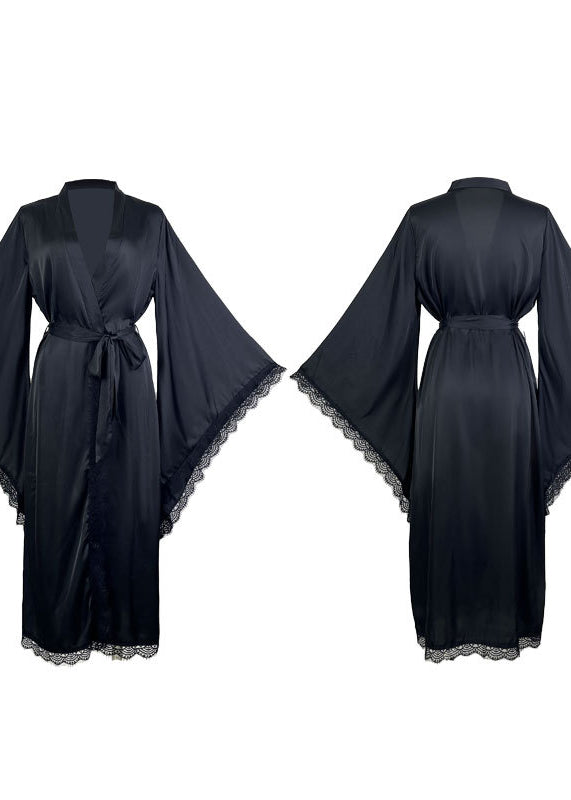Black satin long sleeve nightgown with lace trim, comfy luxury fashion