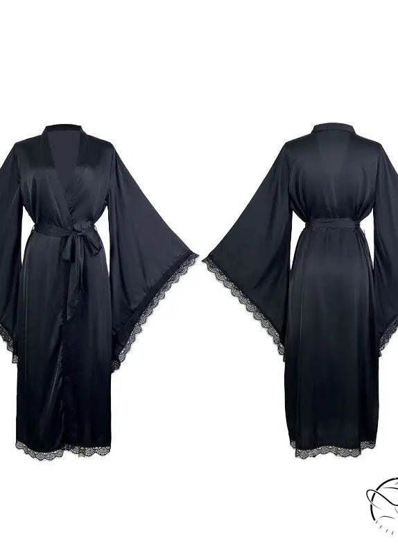 Black satin long sleeve nightgown with lace trim, comfy luxury fashion