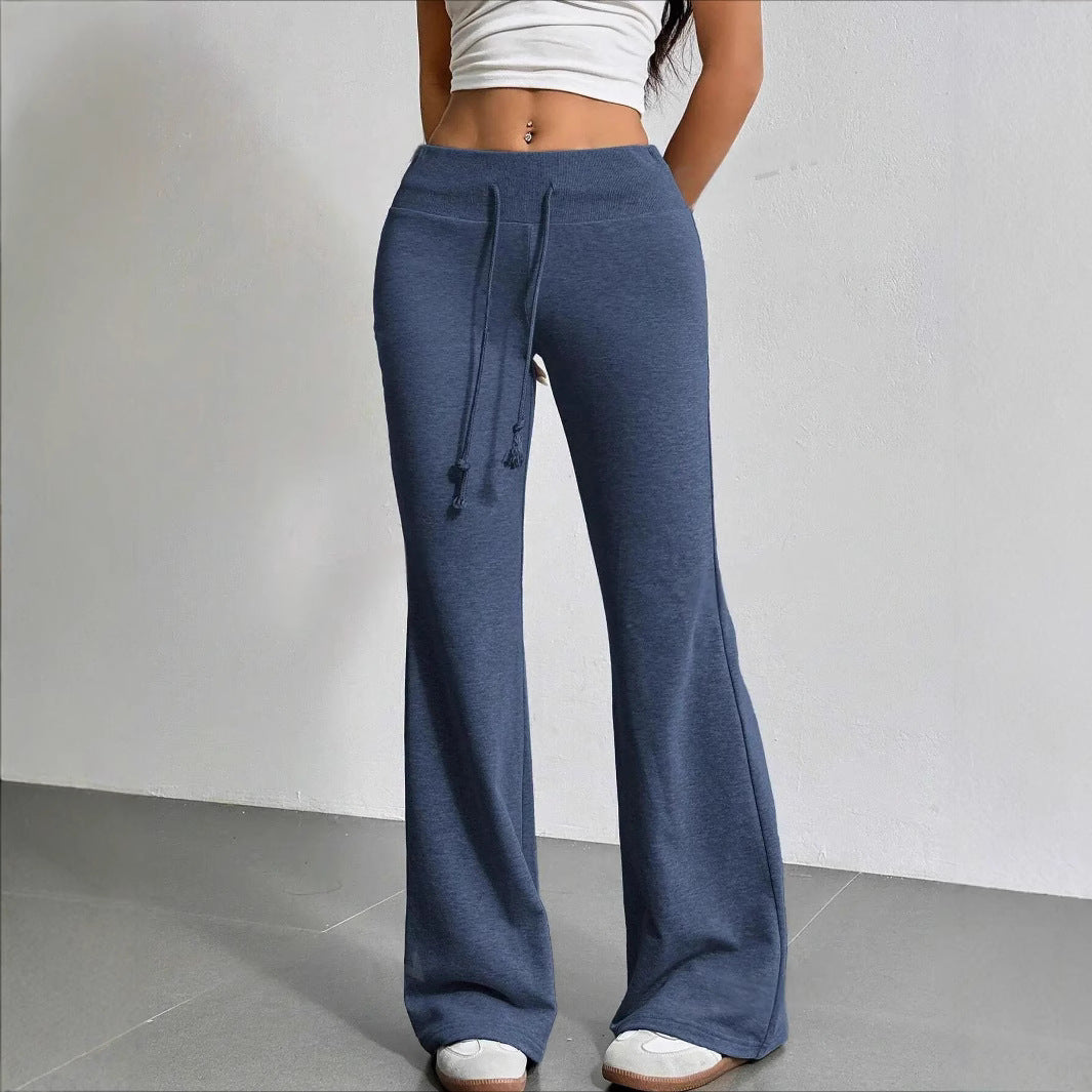 Blue drawstring flared pants from Langry, ideal for casual fashion outfits