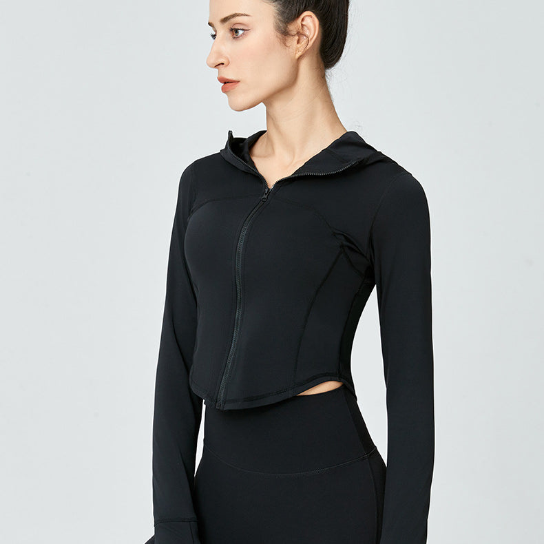 Black hooded athletic jacket for women, ideal for workout and fashion in ملابس