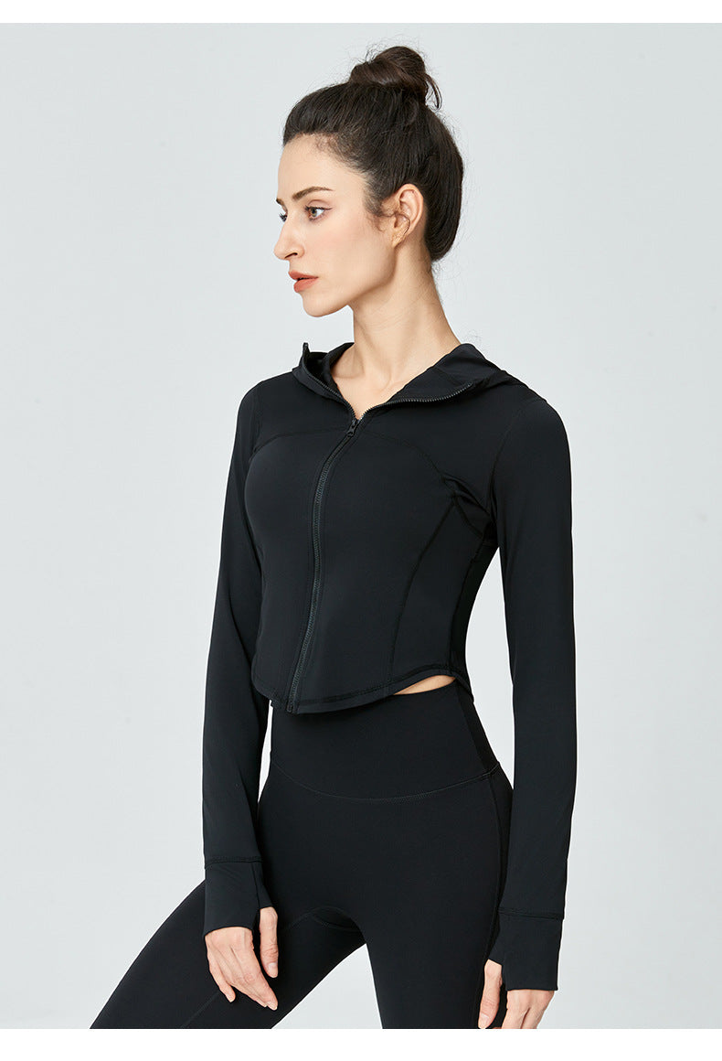 Black hooded athletic jacket for women, ideal for workout and fashion in ملابس