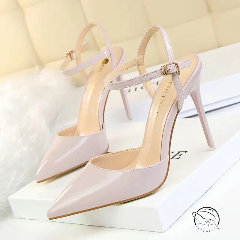 Pale pink leather slim fit strap high heel pumps with gold hardware