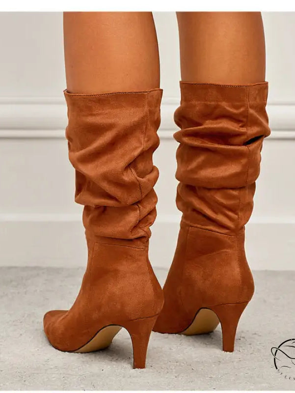 Spring Catwalk Wrinkled Surface Slip on Suede Stiletto Heel Women High Boots