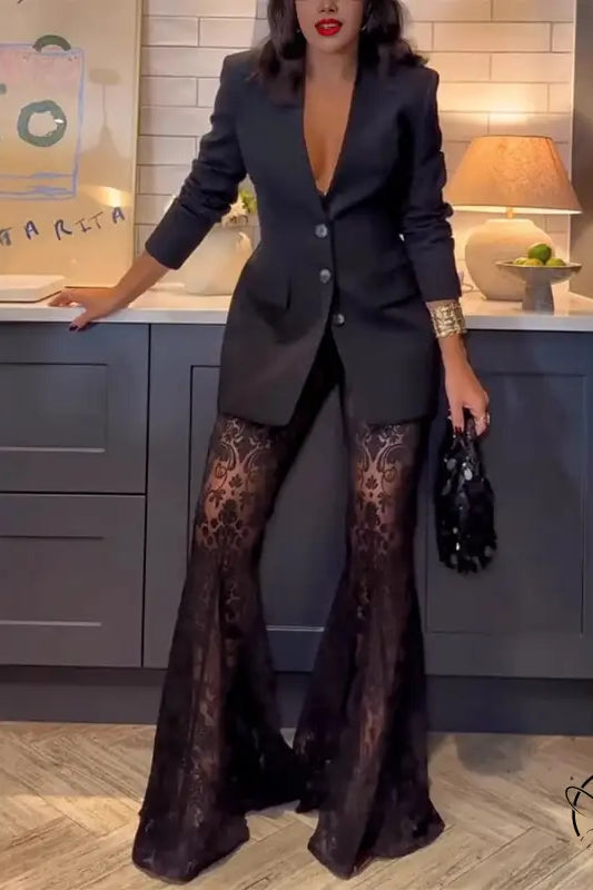 Woman in black blazer and lace pants from casual loose lace two piece set