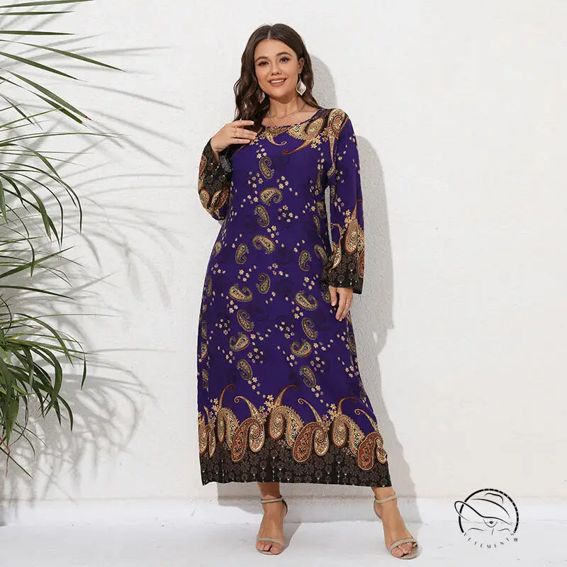 Ethnic Loose Maxi Dress Cashew Printed Long Sleeve