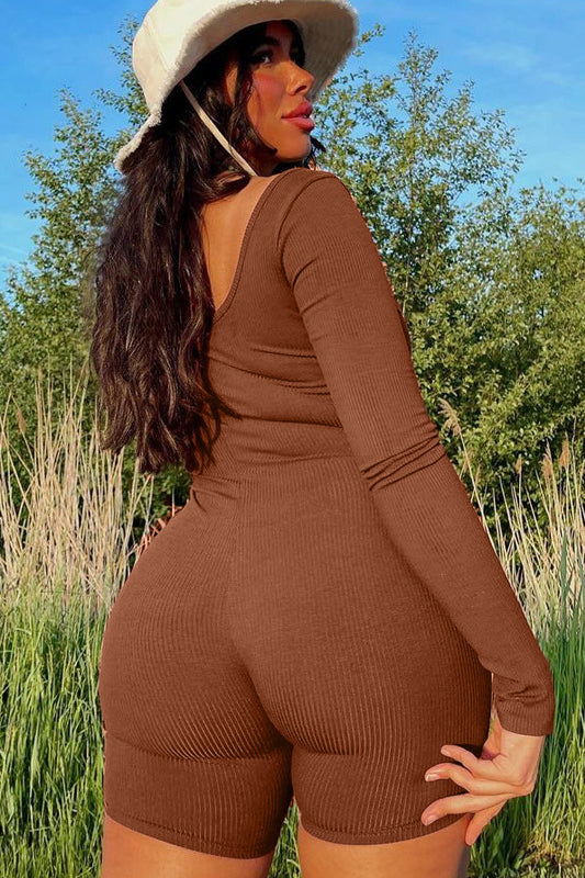 Women Clothing Winter Solid Color Rib u Neck Long Sleeved Slim Fit Hip Raise Sports Jumpsuit