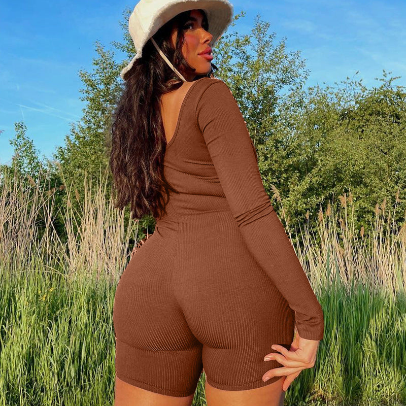 Women Clothing Winter Solid Color Rib u Neck Long Sleeved Slim Fit Hip Raise Sports Jumpsuit