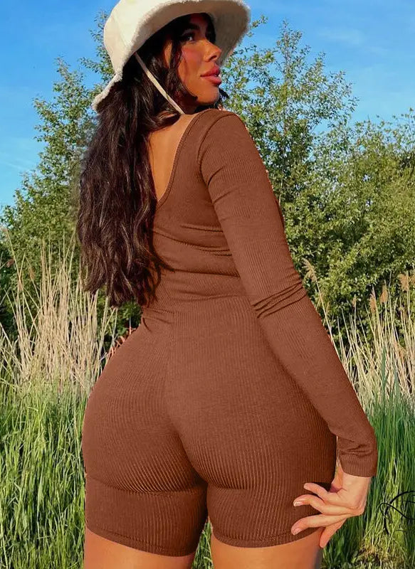 Women Clothing Winter Solid Color Rib u Neck Long Sleeved Slim Fit Hip Raise Sports Jumpsuit
