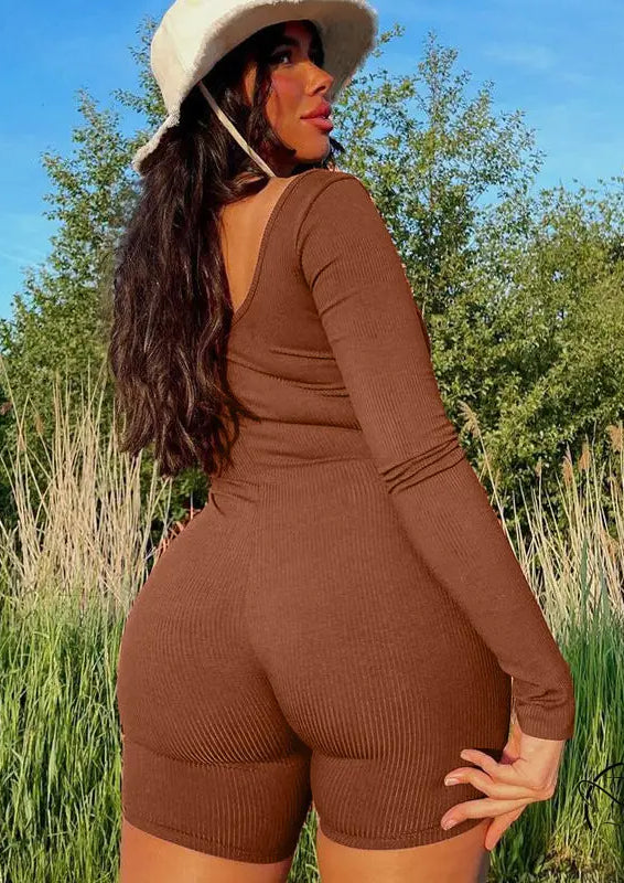 Women Clothing Winter Solid Color Rib u Neck Long Sleeved Slim Fit Hip Raise Sports Jumpsuit