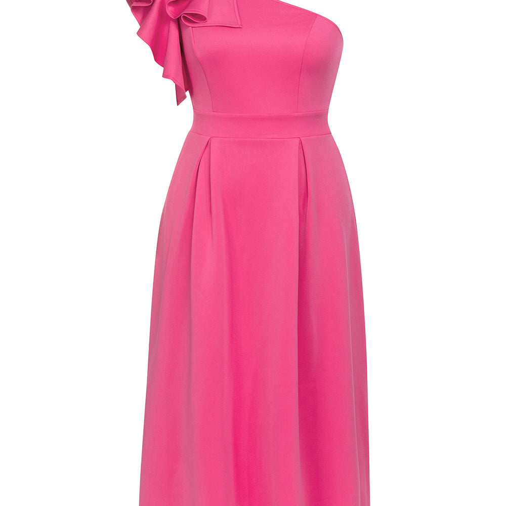 Hot pink elegant shoulder ruffled cocktail dress with a pleated midi skirt