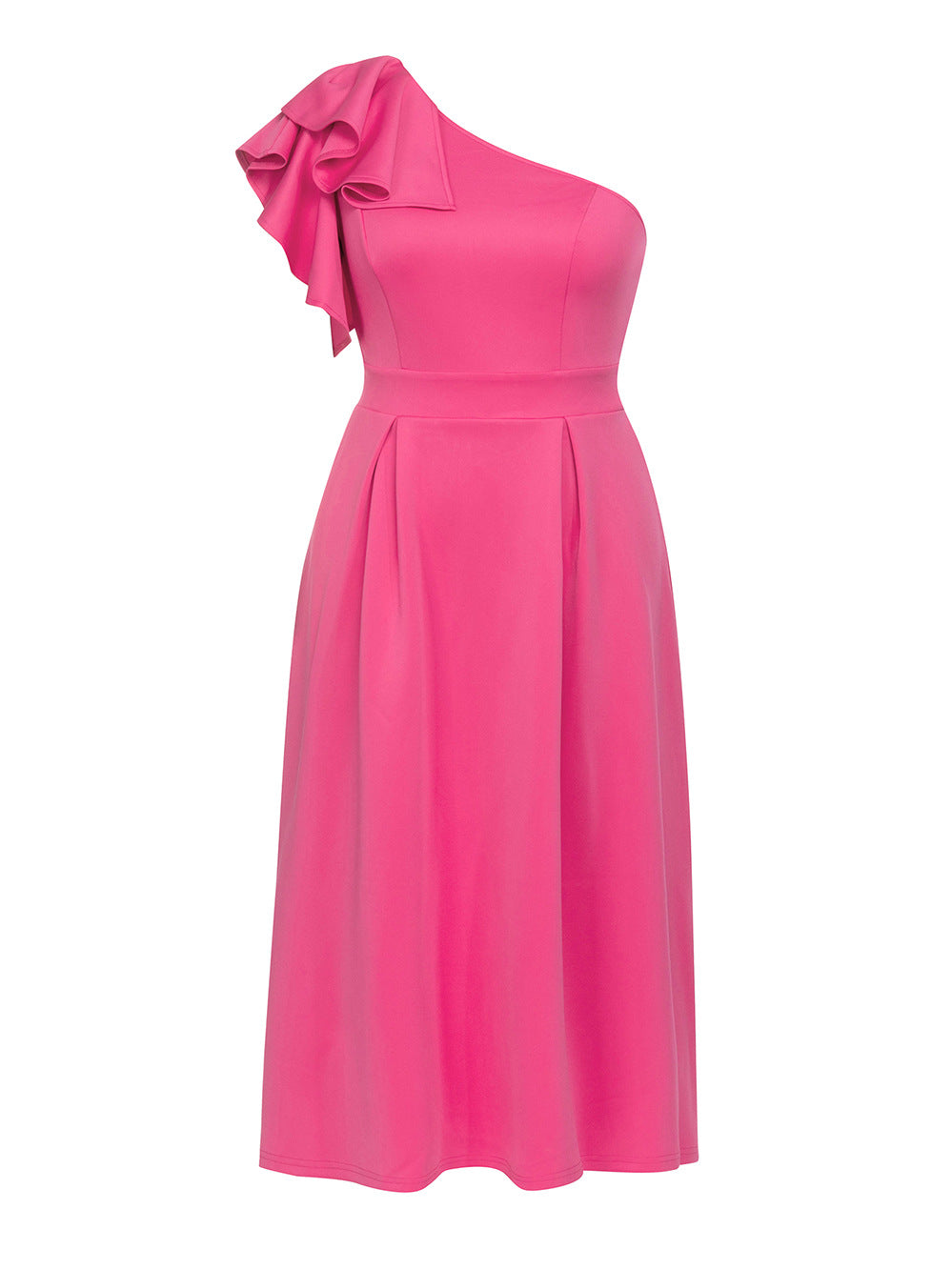 Hot pink elegant shoulder ruffled cocktail dress with a pleated midi skirt