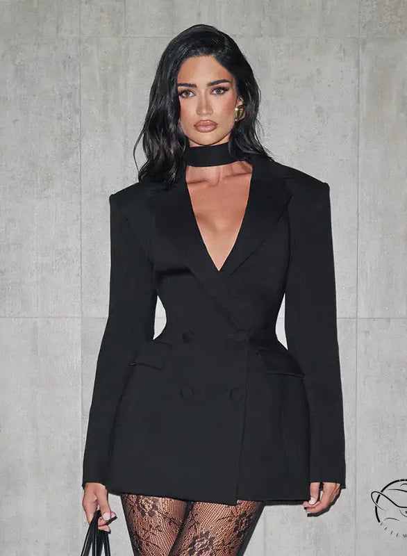 Black long sleeve double-breasted blazer with high neckline and flared sleeves