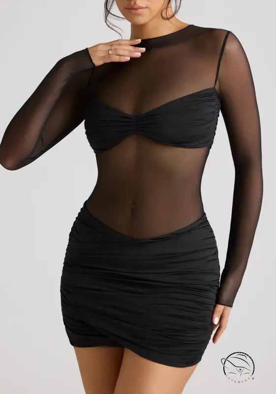 Black long sleeve mesh dress on display