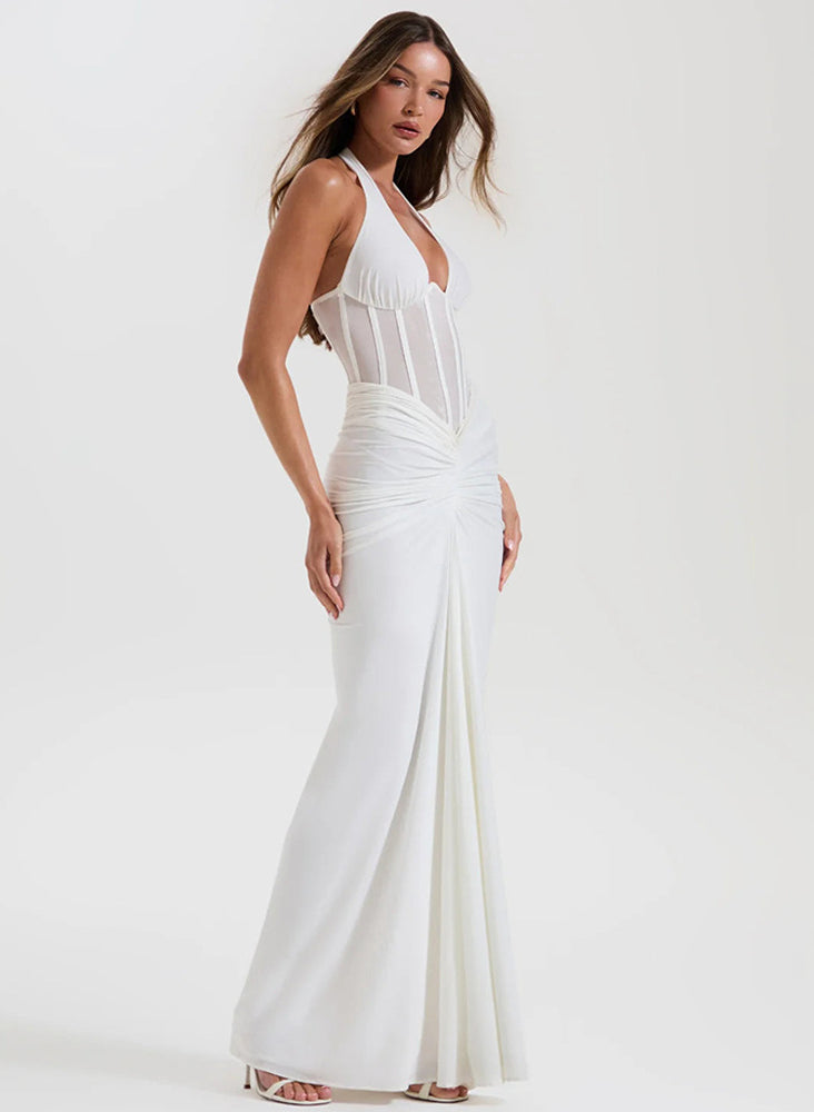 Elegant white satin halter neck fishtail gown with sheer waist panel in Langry fashion