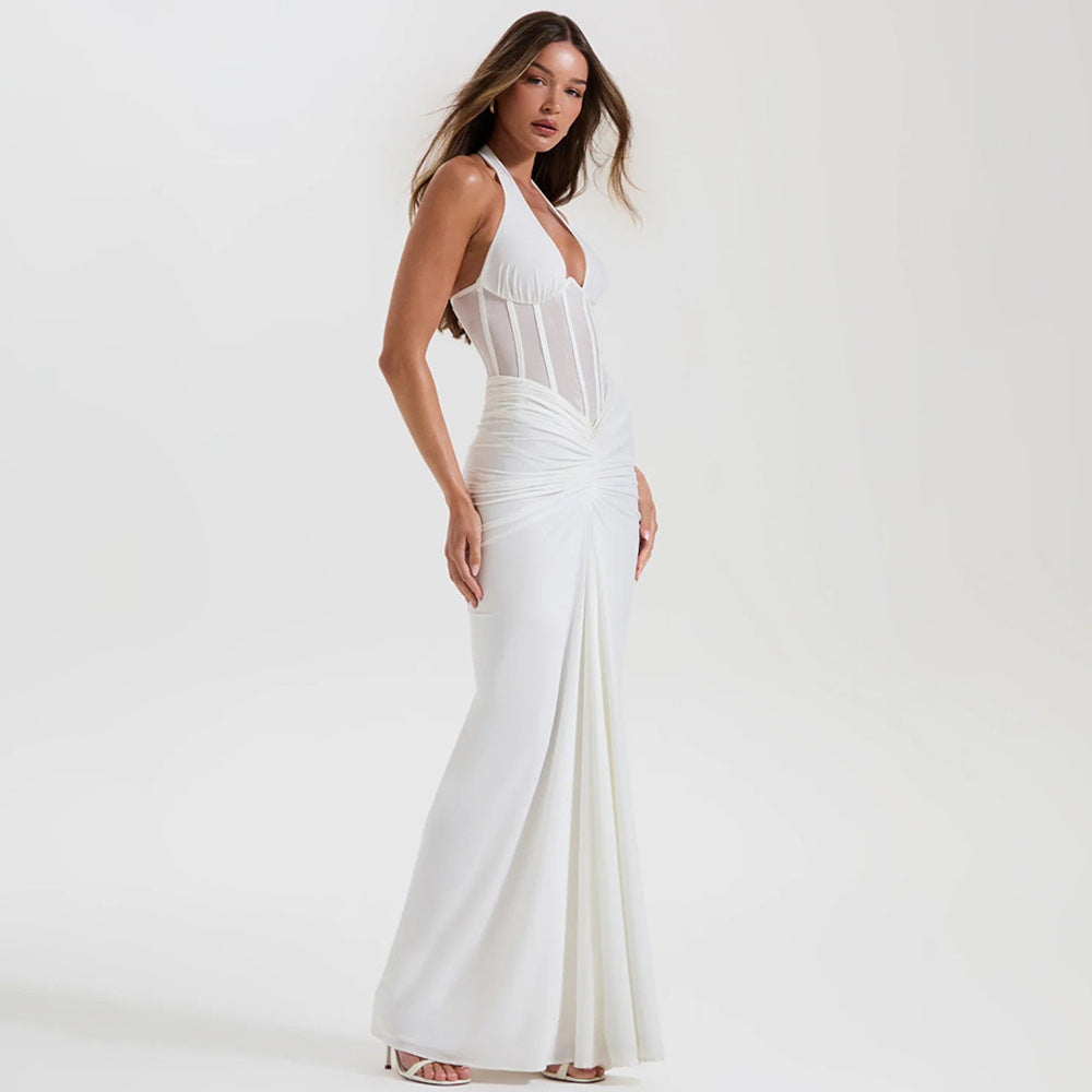 Elegant white satin halter neck fishtail gown with sheer waist panel in Langry fashion