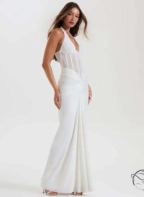 Elegant white satin halter neck fishtail gown in langry fashion