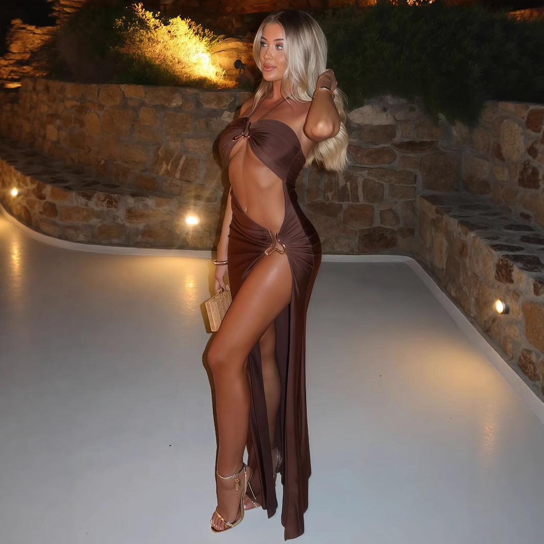 Elegant Langry lace-up cutout split dress in chocolate-brown satin