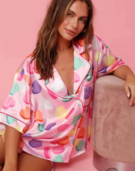 Cute two piece set pajamas: pink satin top with colorful hearts
