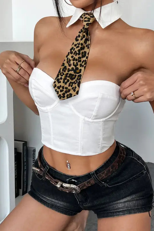 Attractive wild leopard tie corset halter crop top in white