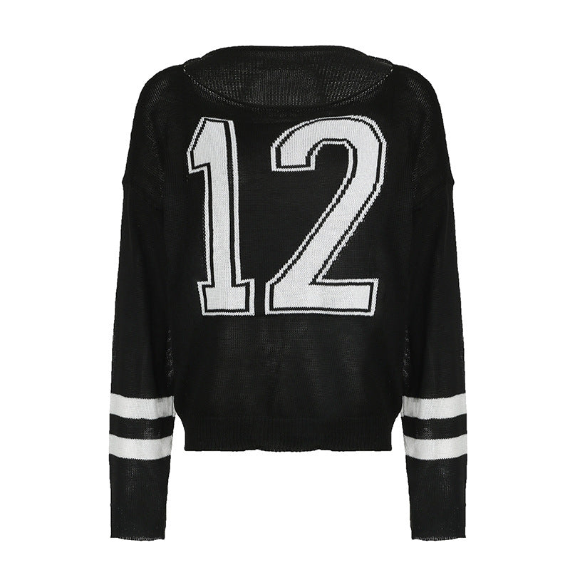 Black winter loose pullover sweater with white number 12 and striped sleeves for fashion