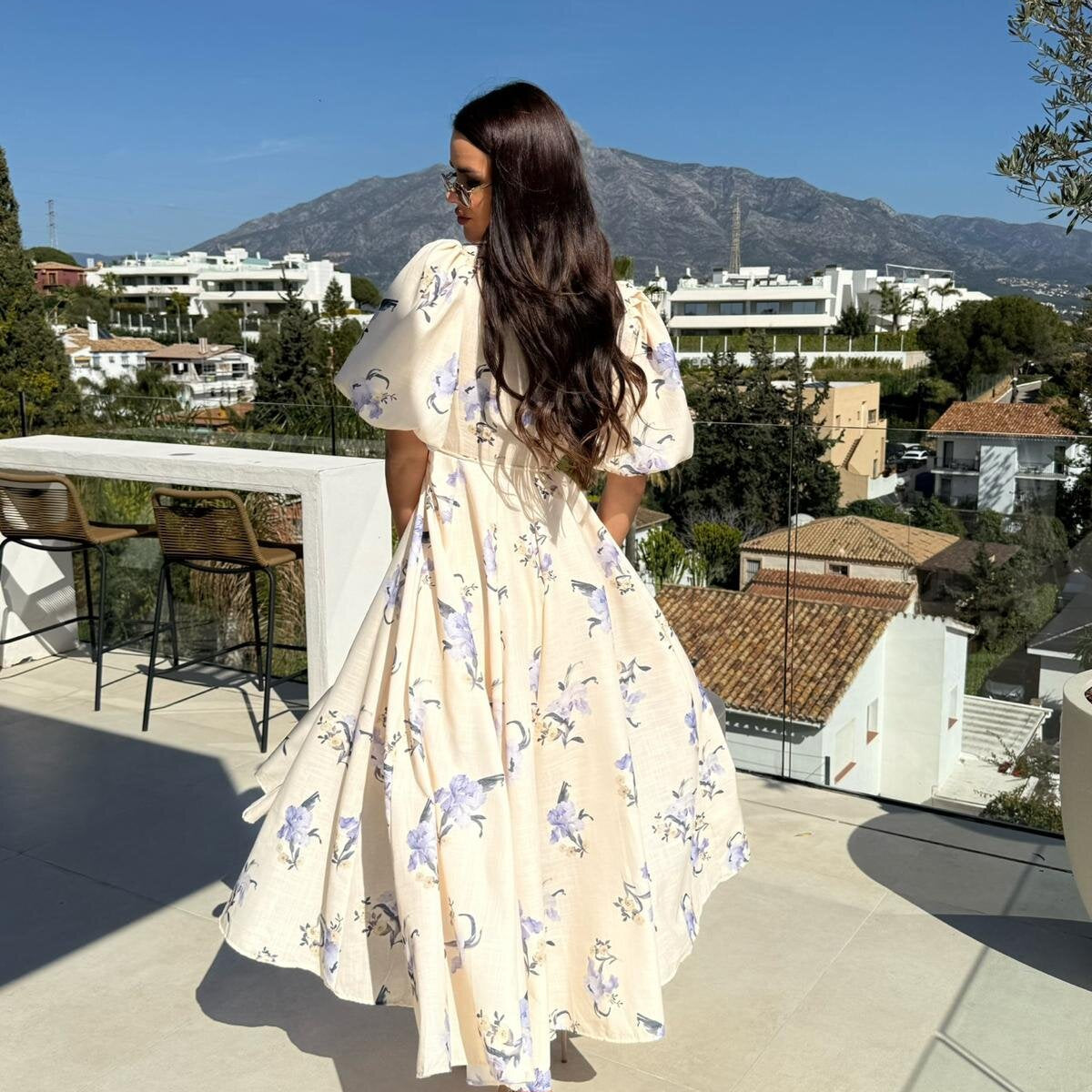 Floral print Puff Sleeve Large Swing Dress, perfect for trendy and elegant fashion