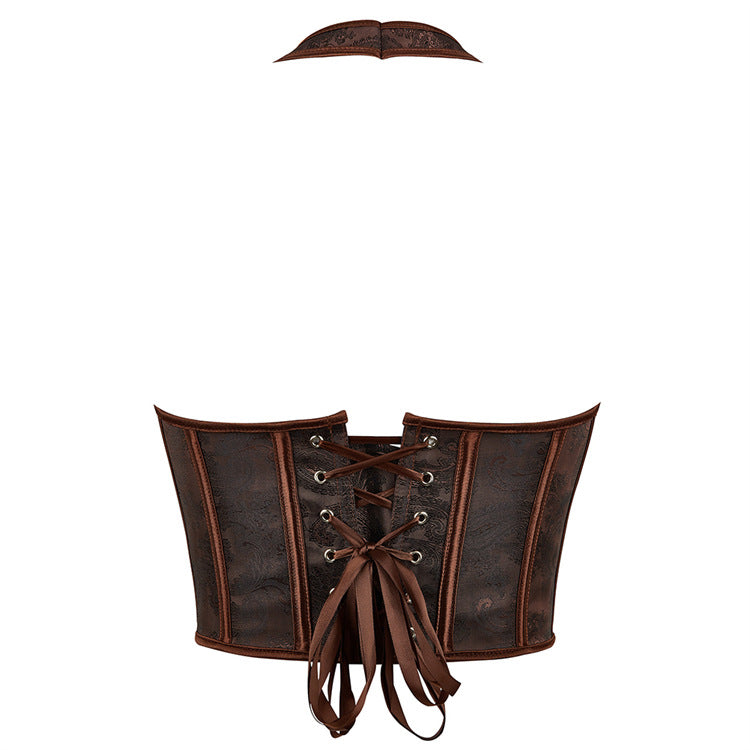 Dark brown tube halter women court body shaping top with faux leather corset and matching neckpiece