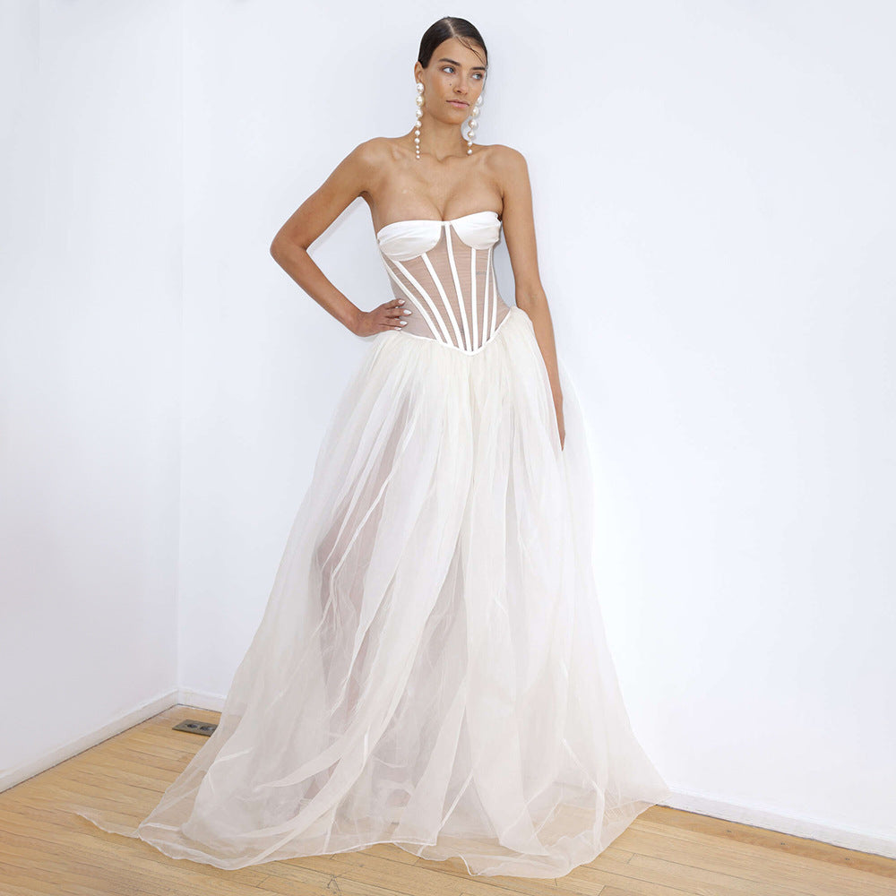 Strapless white wedding gown with corset bodice and tulle skirt in Elegant Mesh Satin Dress