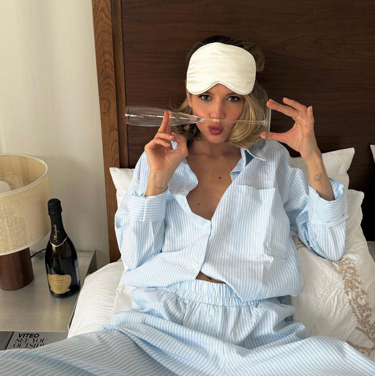 Light blue white striped langry fashion pajama set with shirt pants