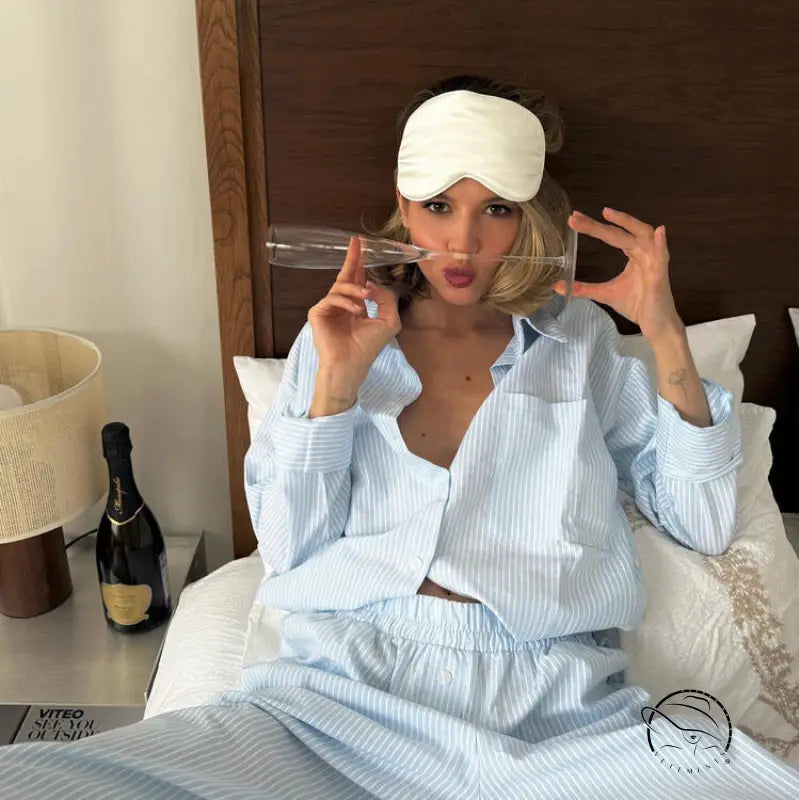 Light blue white striped langry fashion pajama set with shirt pants