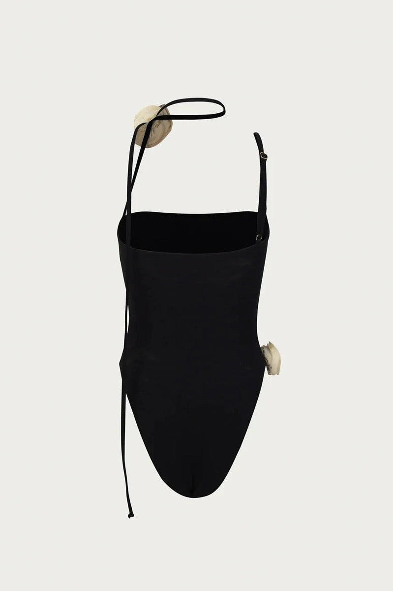 Elegant black one-piece swimsuit with thin straps from Enchanting Beach Swimwear fashion collection