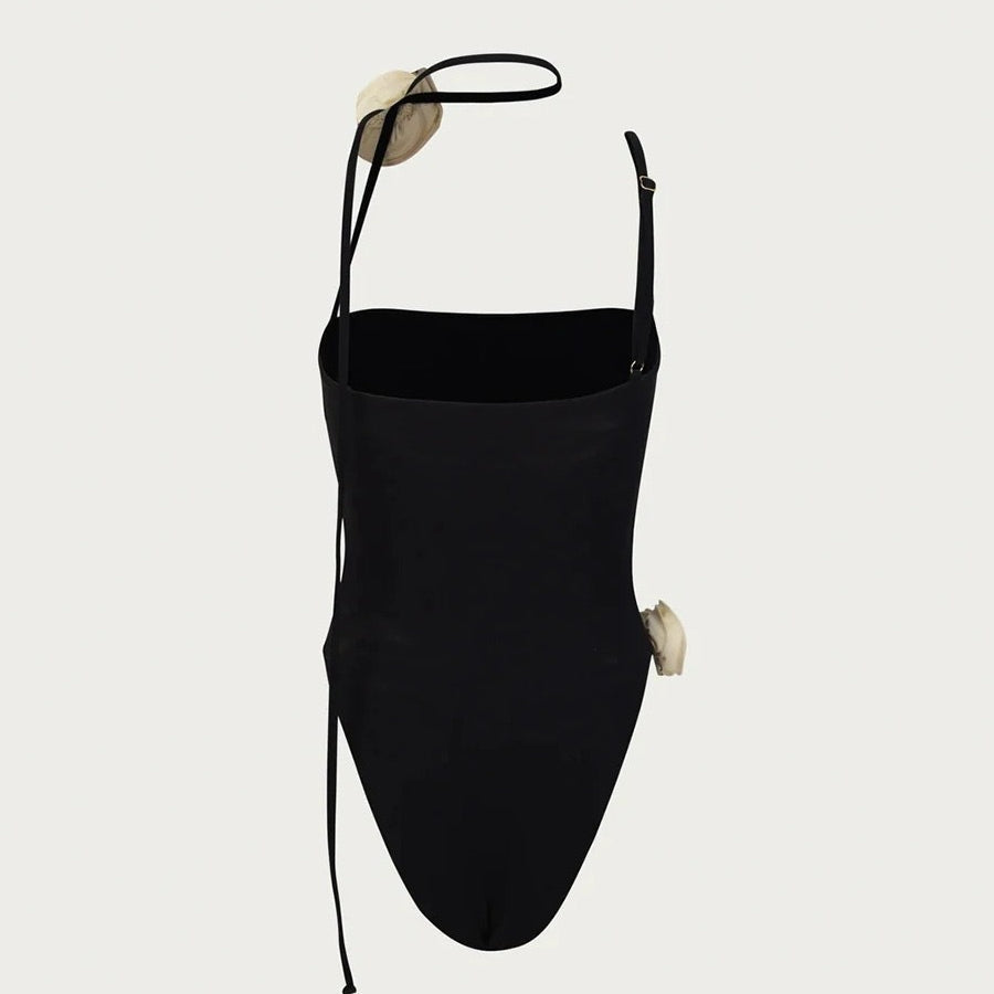 Elegant black one-piece swimsuit with thin straps from Enchanting Beach Swimwear fashion collection