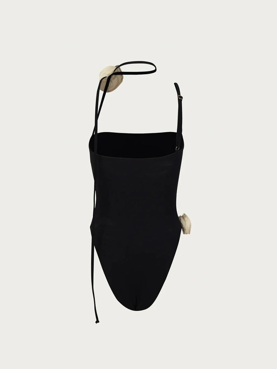 Elegant black one-piece swimsuit with thin straps from Enchanting Beach Swimwear fashion collection