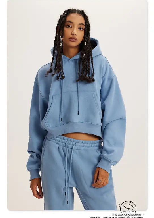 Langry light blue cropped hoodie sweatshirt with matching sweatpants, winter retro fashion