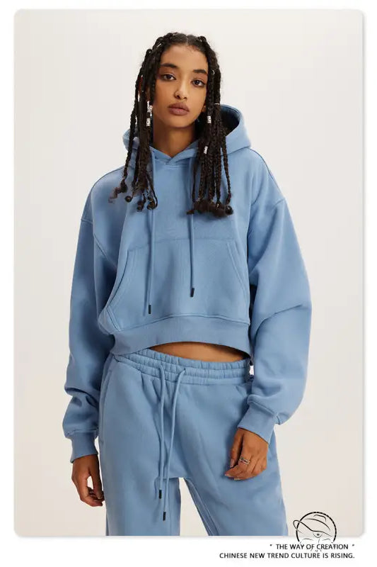 Langry light blue cropped hoodie sweatshirt with matching sweatpants, winter retro fashion