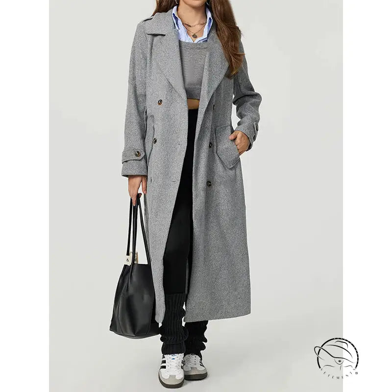 Long gray wool coat in cozy woolen fashion outerwear with double-breasted design and large pockets