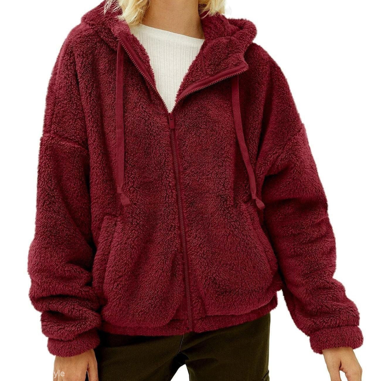 Burgundy sherpa hooded jacket on cute fleece sweater with long sleeve zipper for a loose sweater look