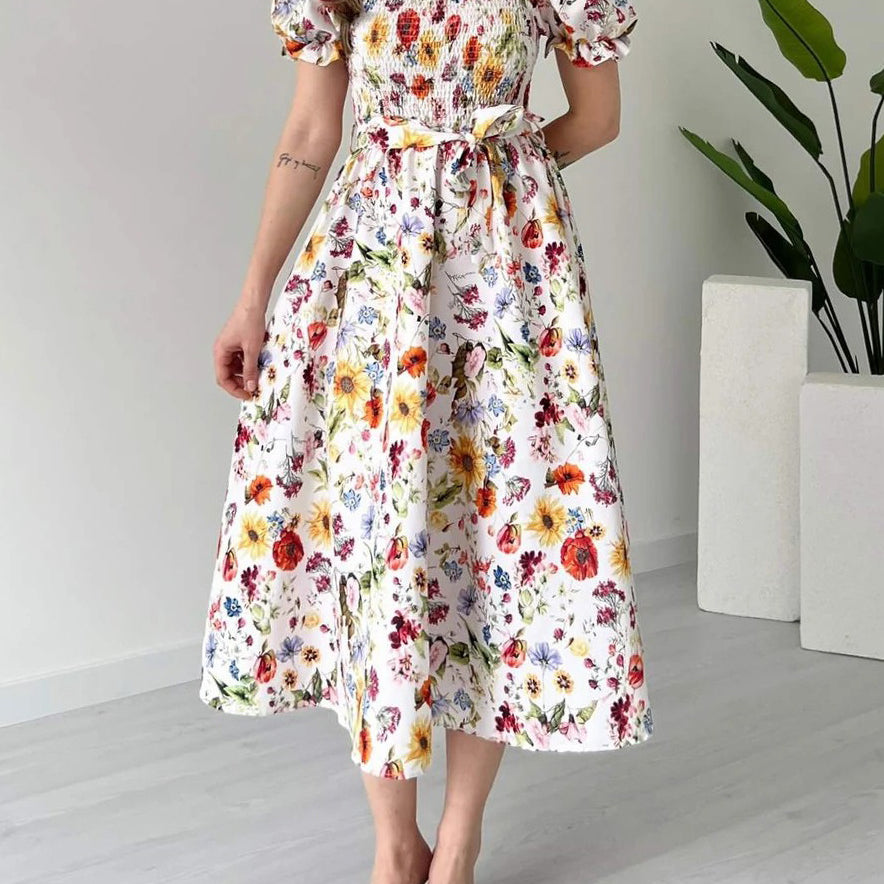 Casual puff sleeve floral A-line dress on white background